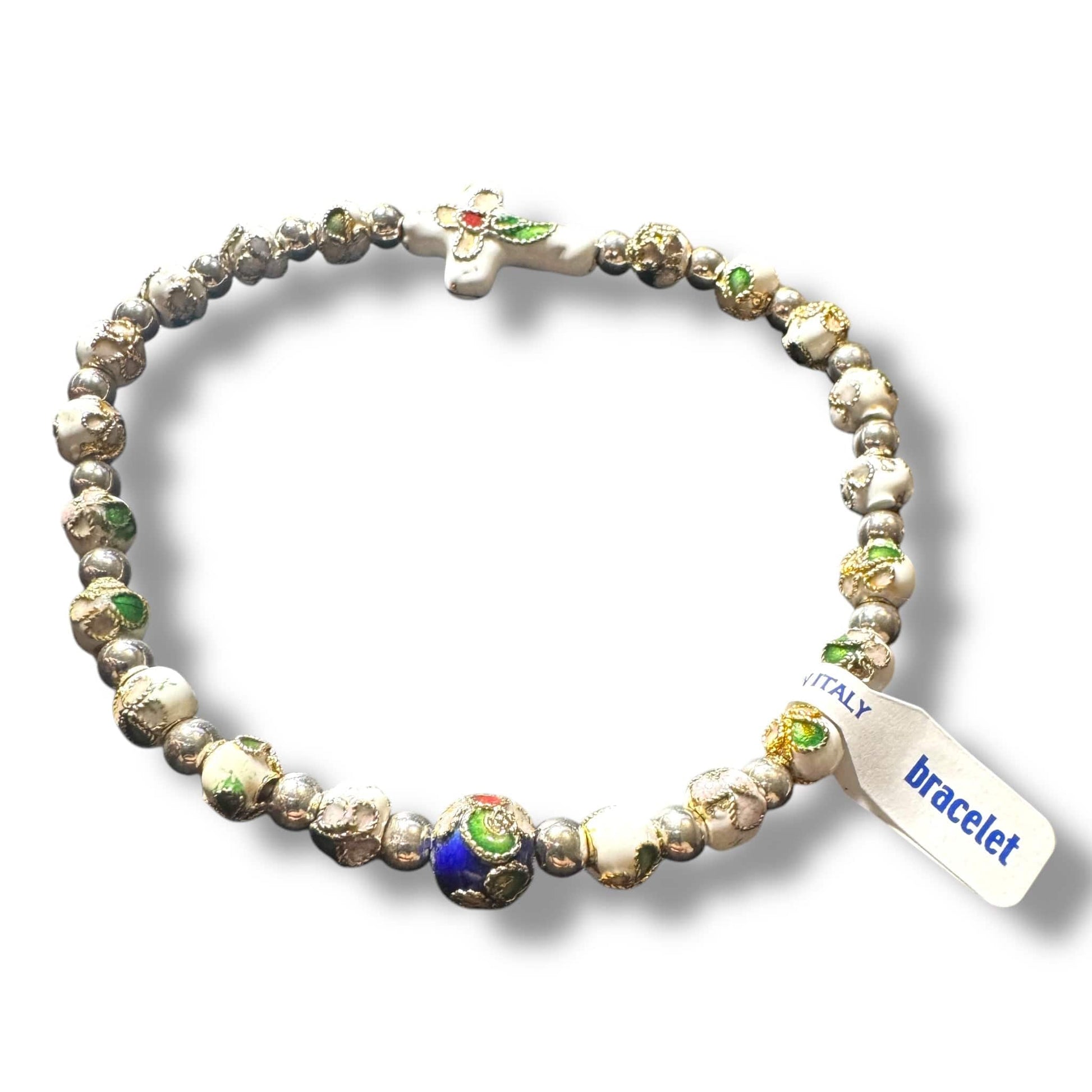 White Elastic Stretch Bracelet - Cloisonne - Blessed By Pope - Catholic | Catholically