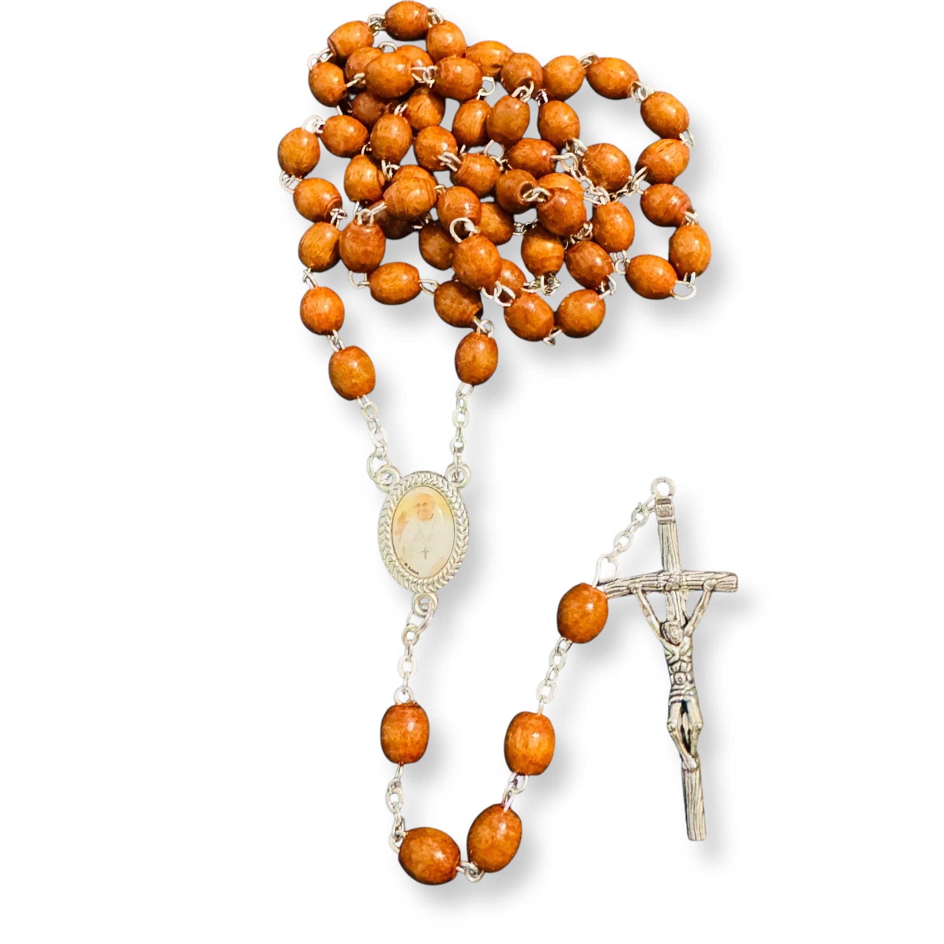 Wooden Rosary with Silver-Tone Scorzelli Crucifix and Pope Francis Centerpiece | Catholically