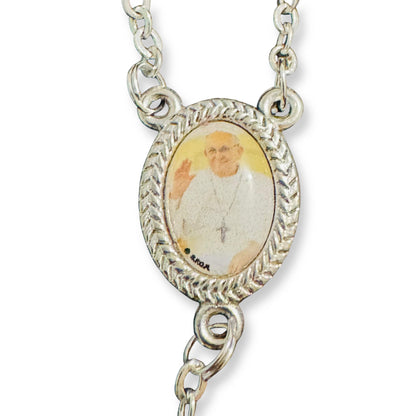 Wooden Rosary with Silver-Tone Scorzelli Crucifix and Pope Francis Centerpiece | Catholically