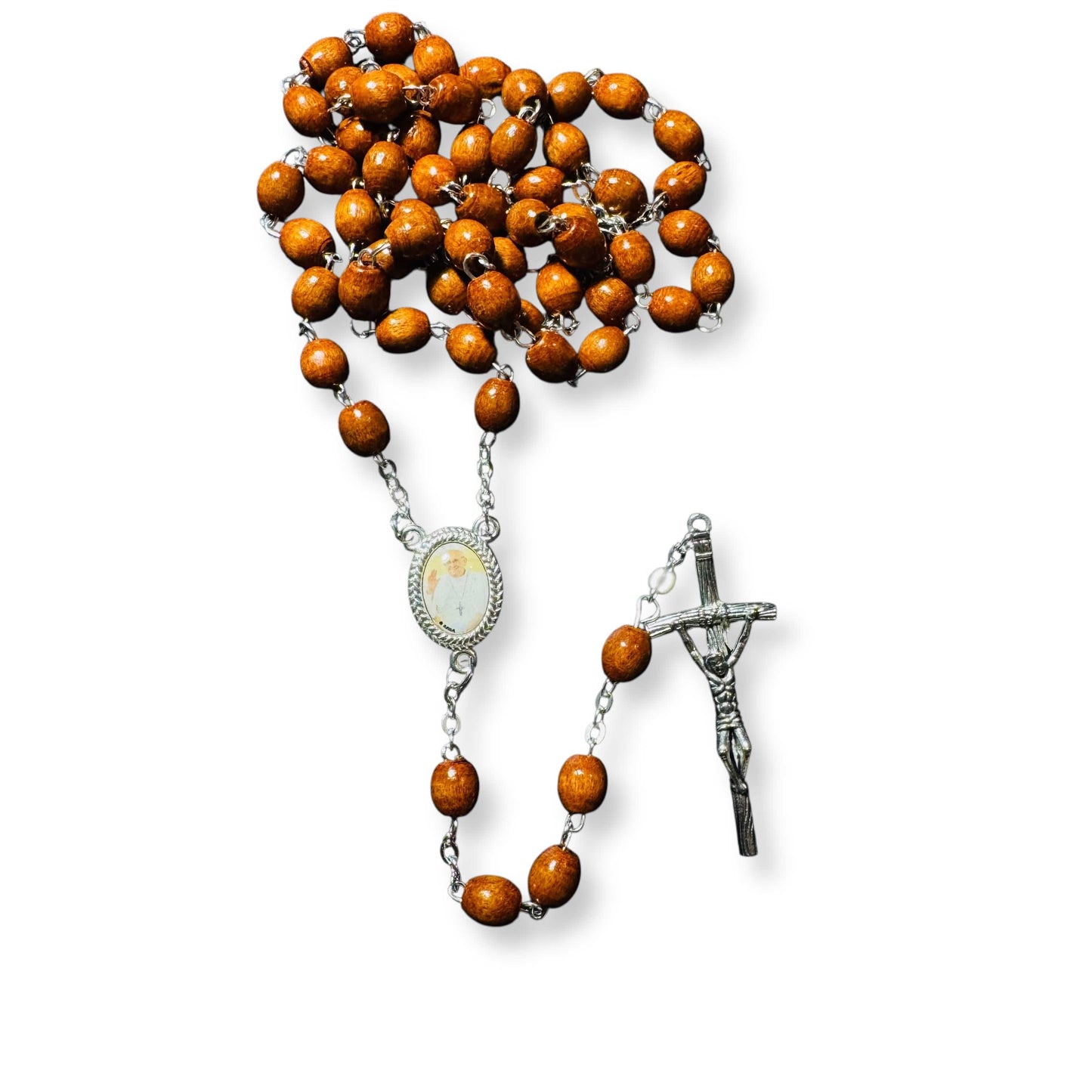 Wooden Rosary with Silver-Tone Scorzelli Crucifix and Pope Francis Centerpiece | Catholically
