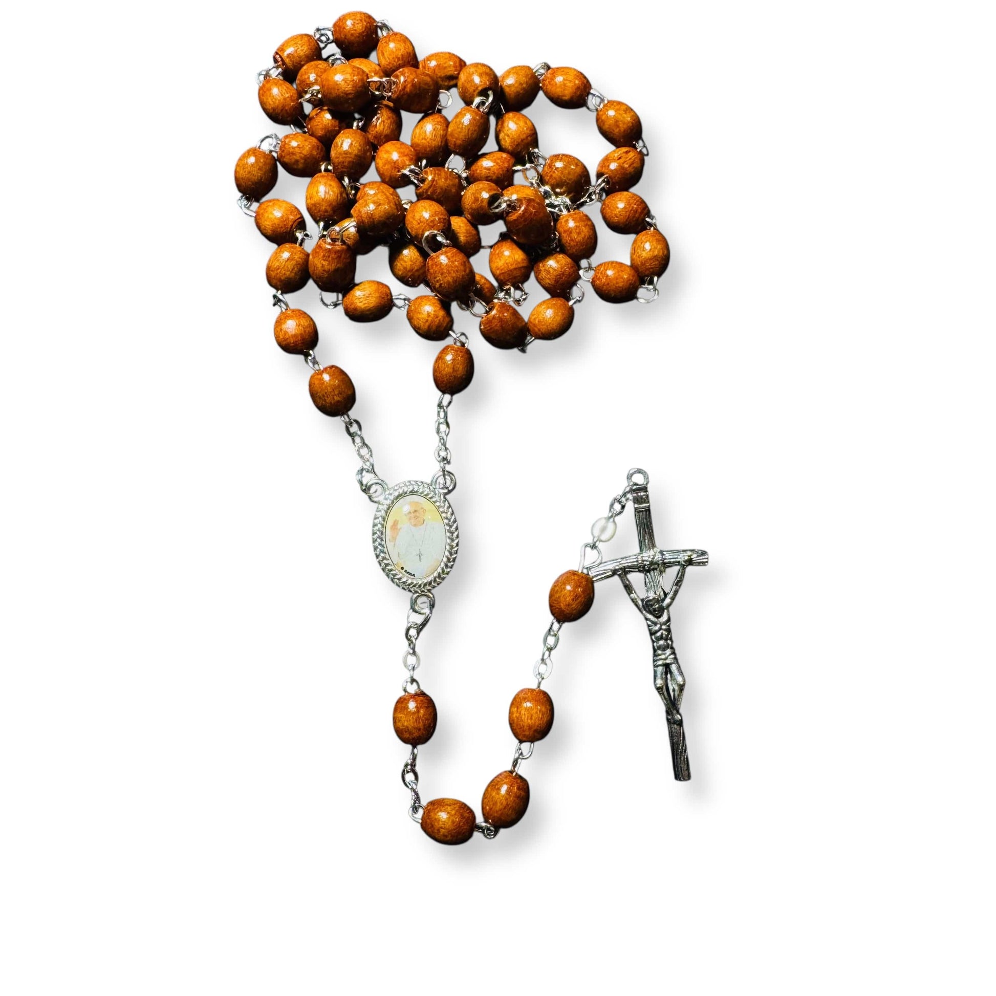 Wooden Rosary with Silver-Tone Scorzelli Crucifix and Pope Francis Centerpiece | Catholically