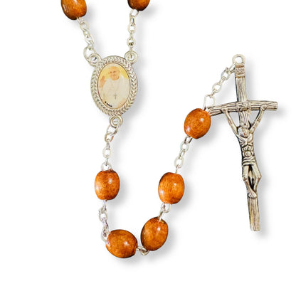 Wooden Rosary with Silver-Tone Scorzelli Crucifix and Pope Francis Centerpiece | Catholically