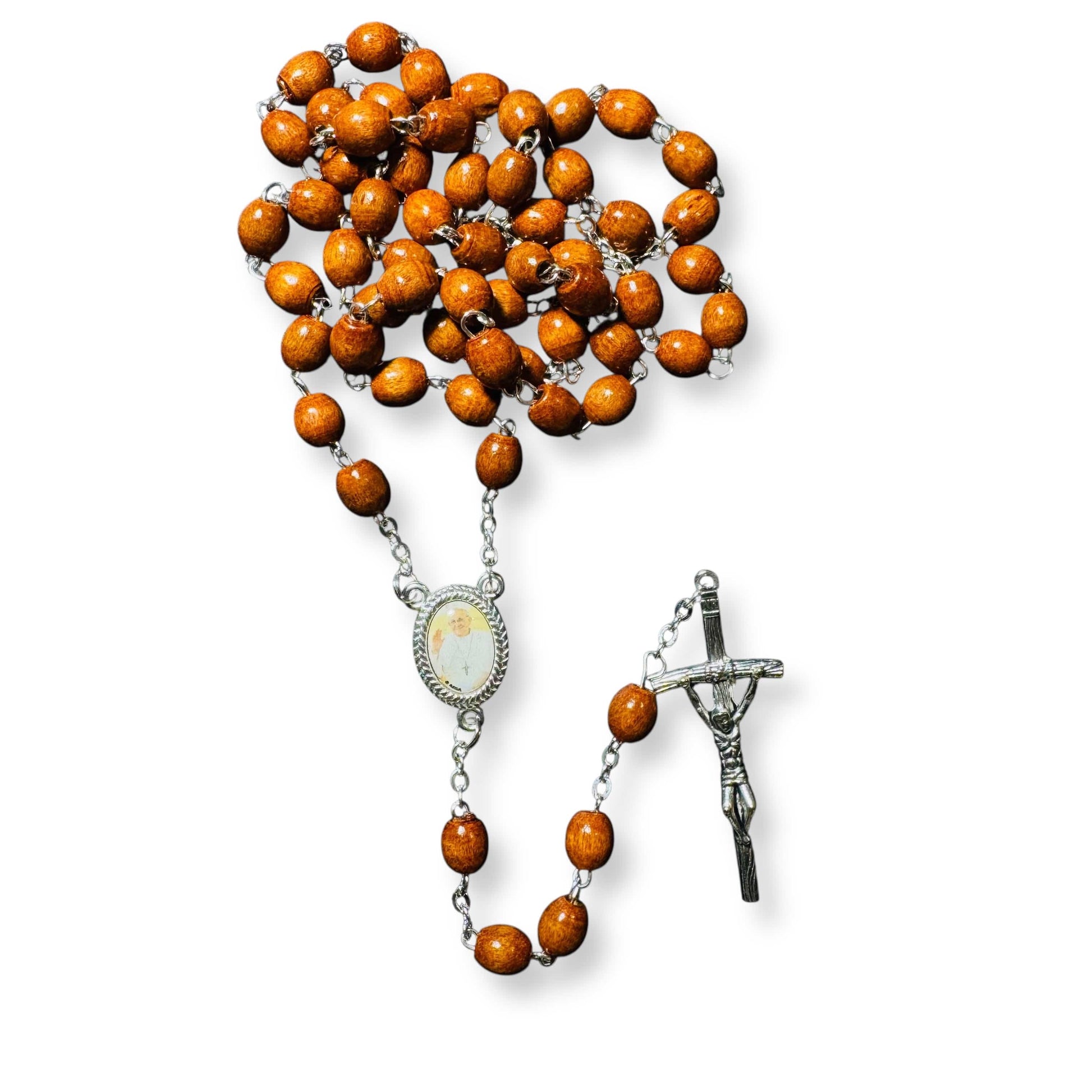 Wooden Rosary with Silver-Tone Scorzelli Crucifix and Pope Francis Centerpiece | Catholically