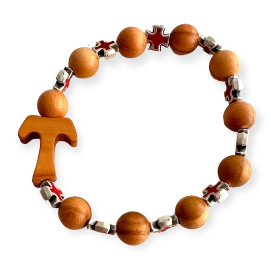 Handcrafted Wooden Bracelet with Tau Cross and Red Celtic Crosses | Catholically