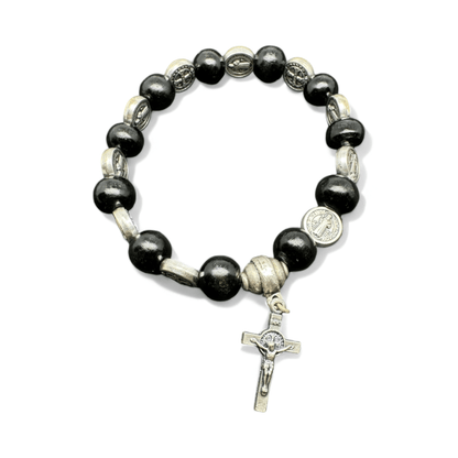 Wooden Saint St. Benedict Medal Stretch Bracelet Blessed By Pope W/ Cross | Catholically