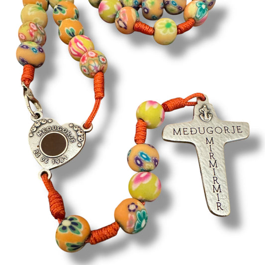 Yellow fimo rosary With Relic of th Holy Ground of Medjugorje Blessed By Pope | Catholically