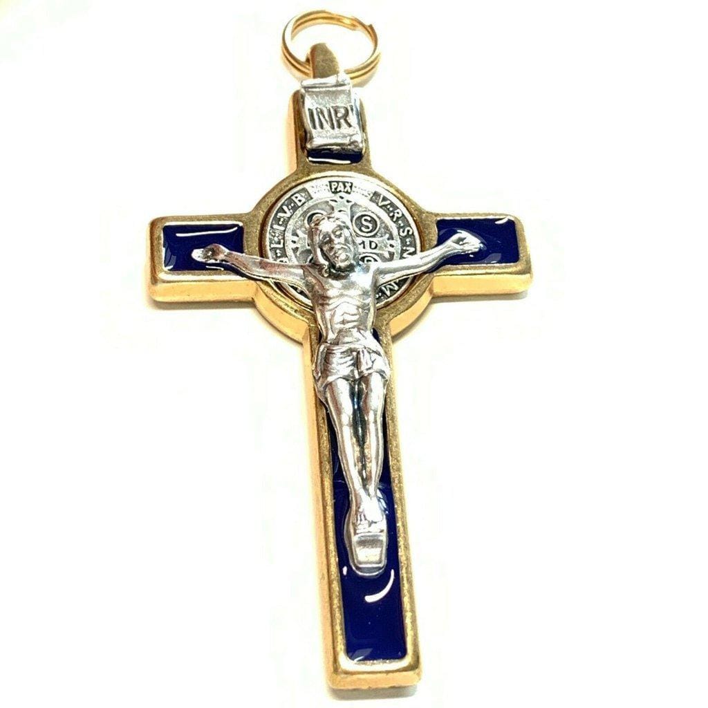 3" Blue Brass Saint St. Benedict Crucifix - Exorcism- Cross -Blessed By Pope | Catholically