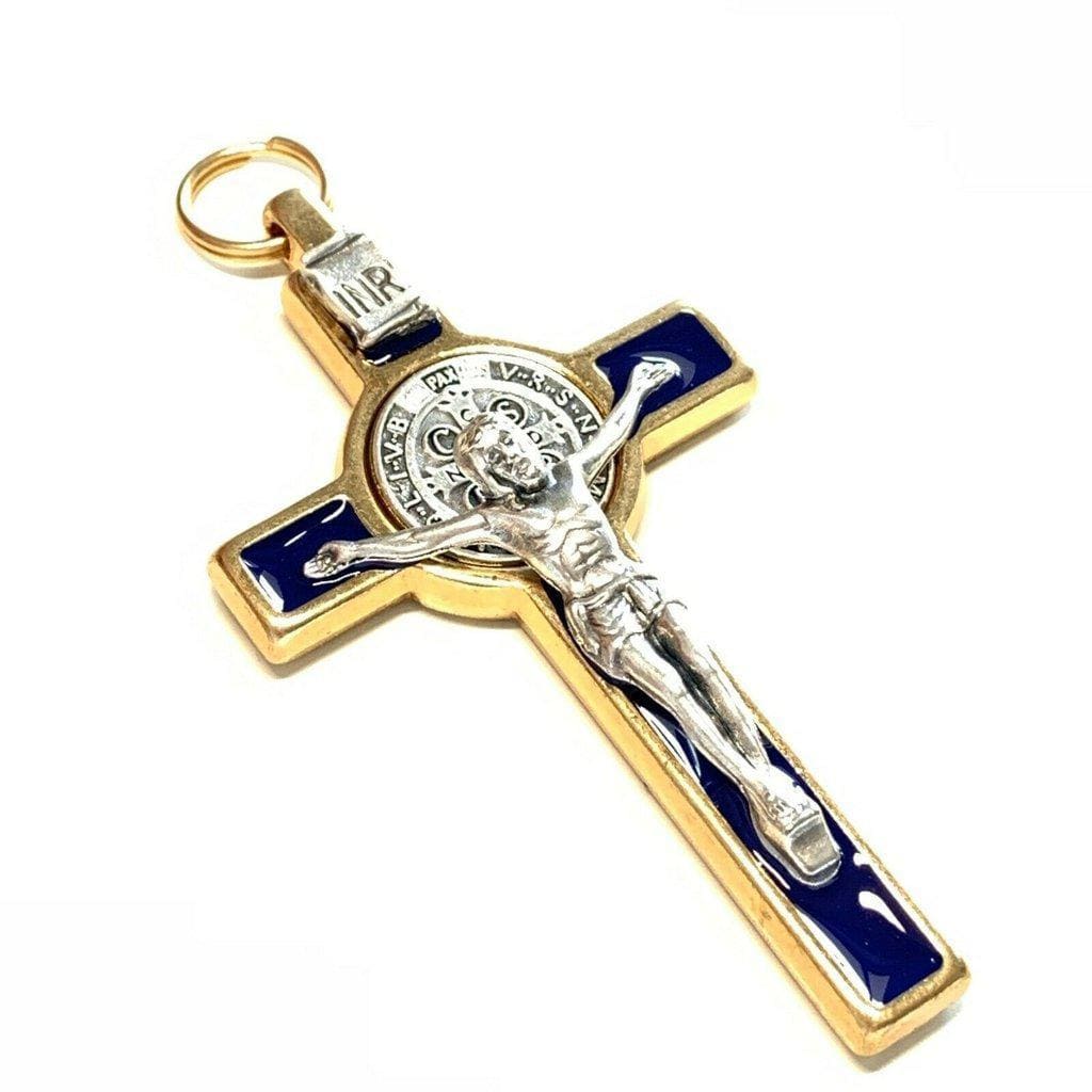3" Blue Brass Saint St. Benedict Crucifix - Exorcism- Cross -Blessed By Pope | Catholically