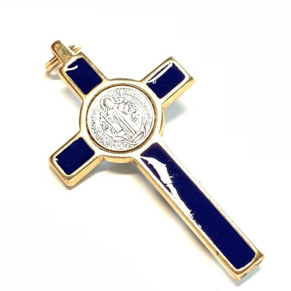 3" Blue Brass Saint St. Benedict Crucifix - Exorcism- Cross -Blessed By Pope | Catholically