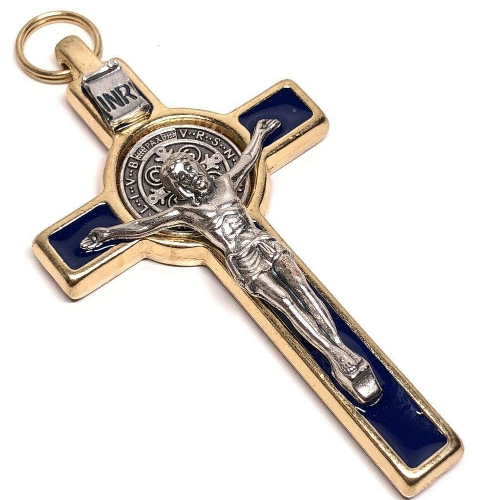 3" Blue Brass Saint St. Benedict Crucifix - Exorcism- Cross -Blessed By Pope | Catholically