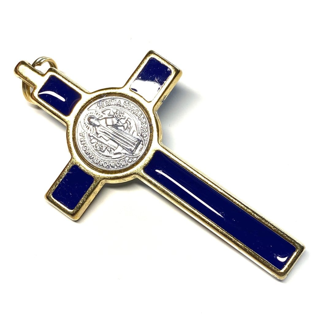 3" Blue Brass Saint St. Benedict Crucifix - Exorcism- Cross -Blessed By Pope | Catholically