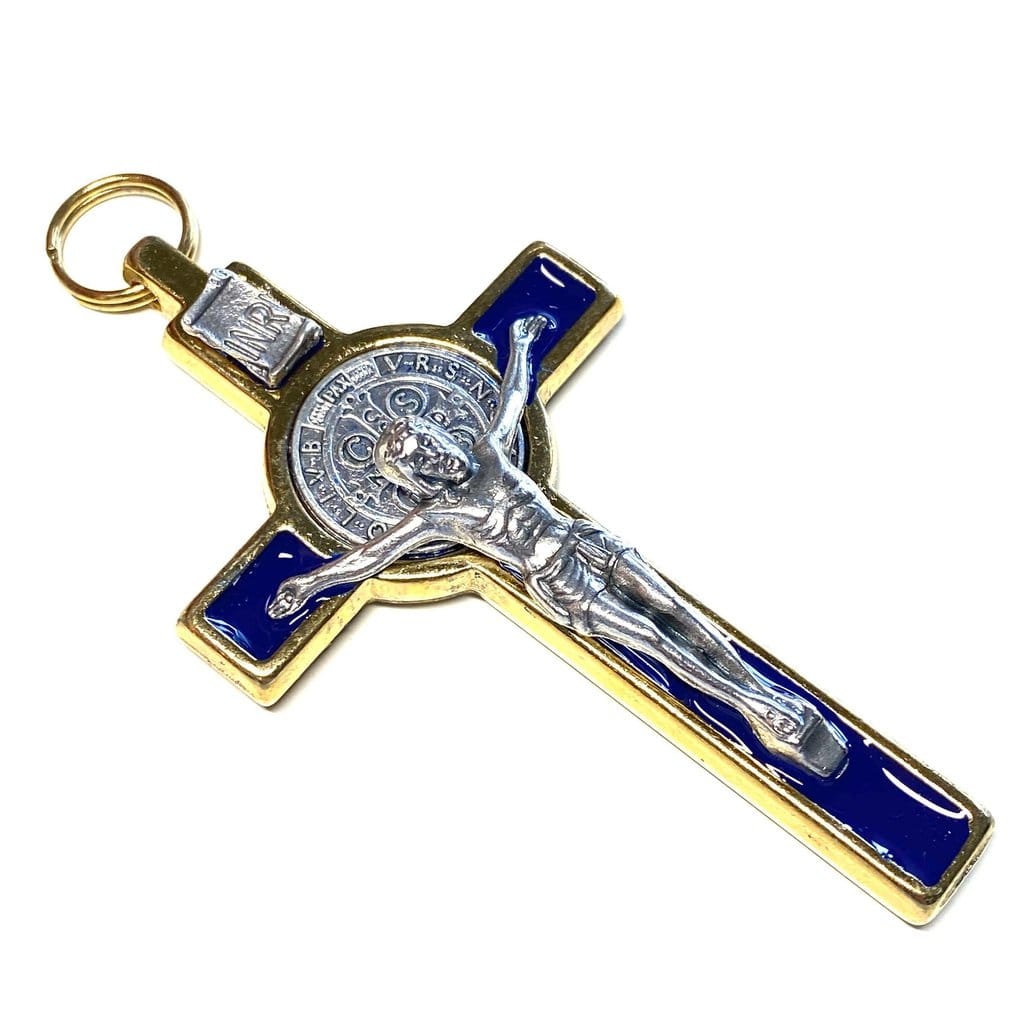 3" Blue Brass Saint St. Benedict Crucifix - Exorcism- Cross -Blessed By Pope | Catholically