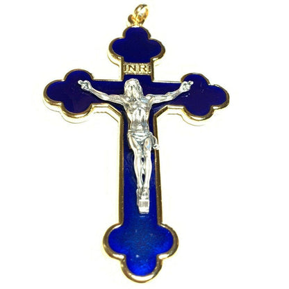 3" Blue Budded Pectoral Cross - Crucifix - Blessed By Pope - First Communion | Catholically