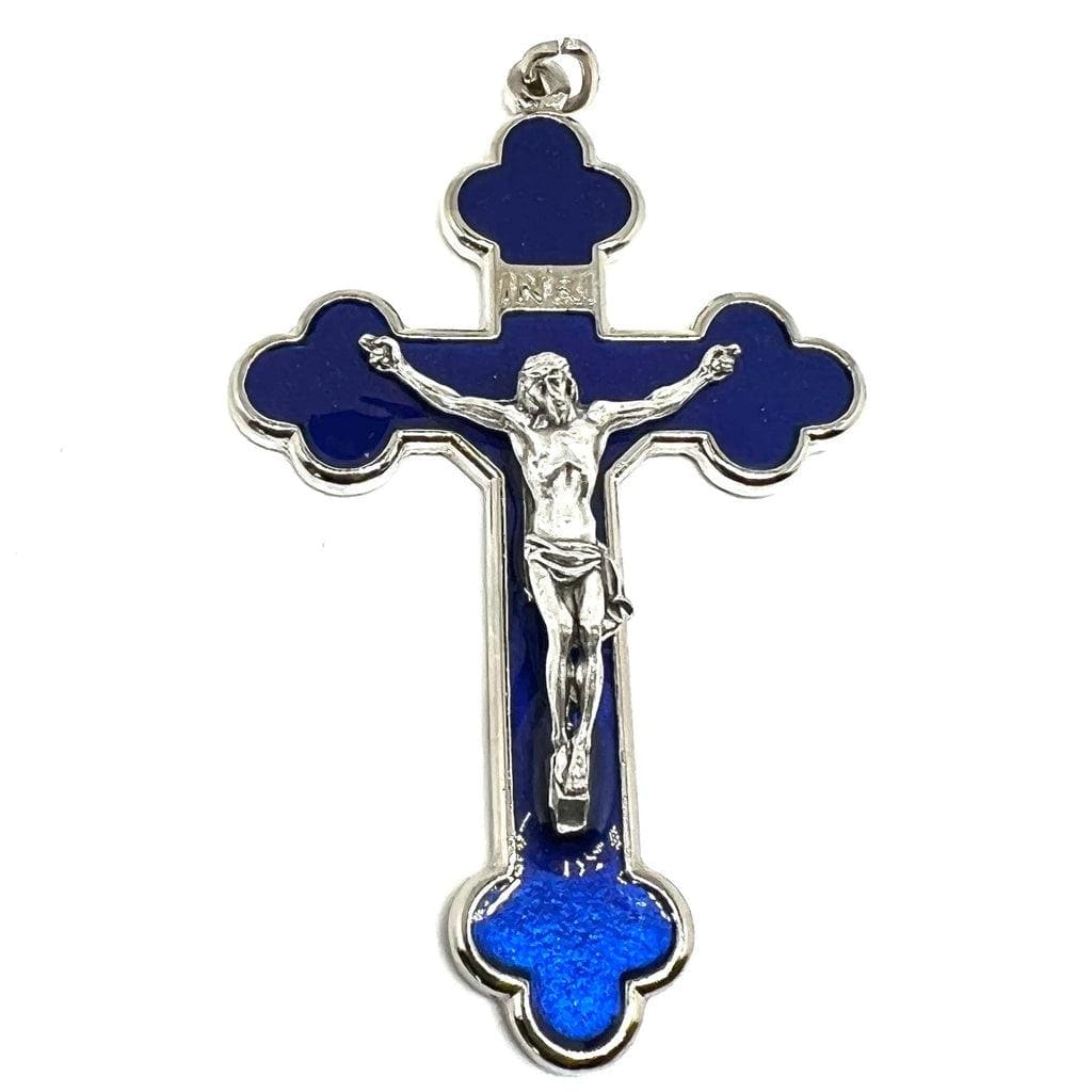 3" Blue Budded Pectoral Cross - Crucifix - Blessed By Pope - First Communion | Catholically