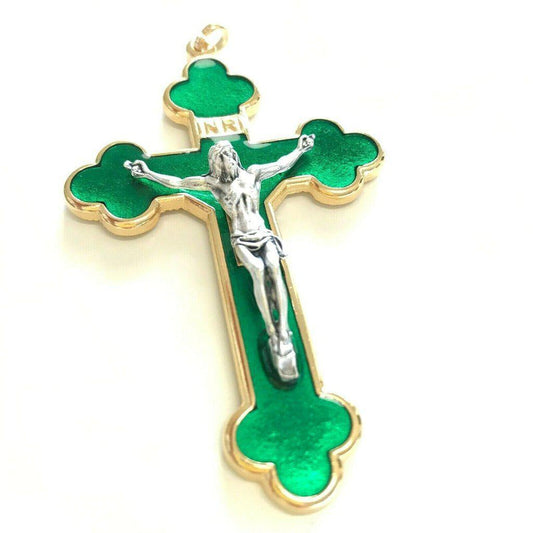 3" Green Budded Pectoral Cross - Crucifix - Blessed By Pope - First Communion | Catholically