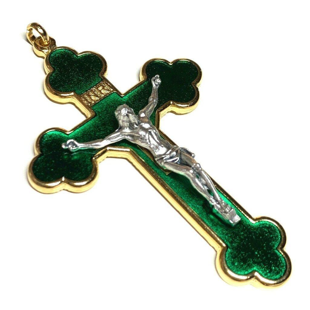 3" Green Budded Pectoral Cross - Crucifix - Blessed By Pope - First Communion | Catholically