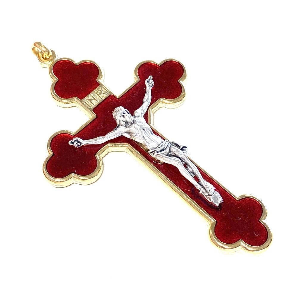 3" Red Budded Pectoral Cross - Crucifix - Blessed By Pope - First Communion | Catholically