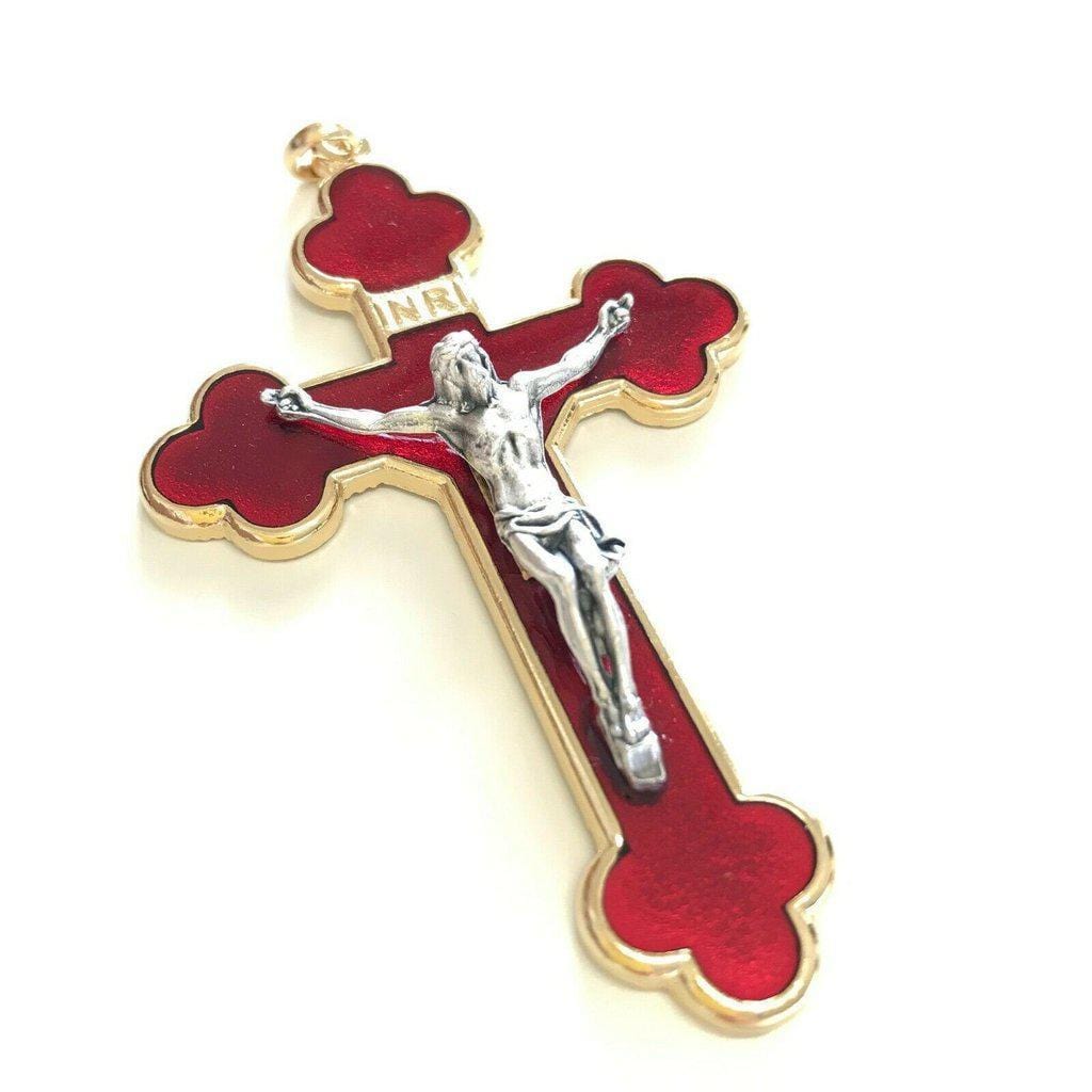 3" Red Budded Pectoral Cross - Crucifix - Blessed By Pope - First Communion | Catholically