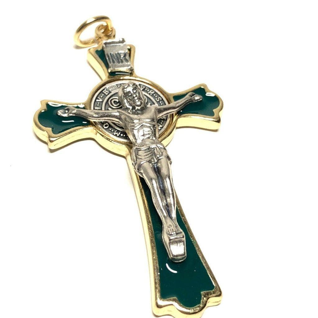 3" Saint St. Benedict Green Crucifix - Exorcism - Cross - Blessed By Pope | Catholically