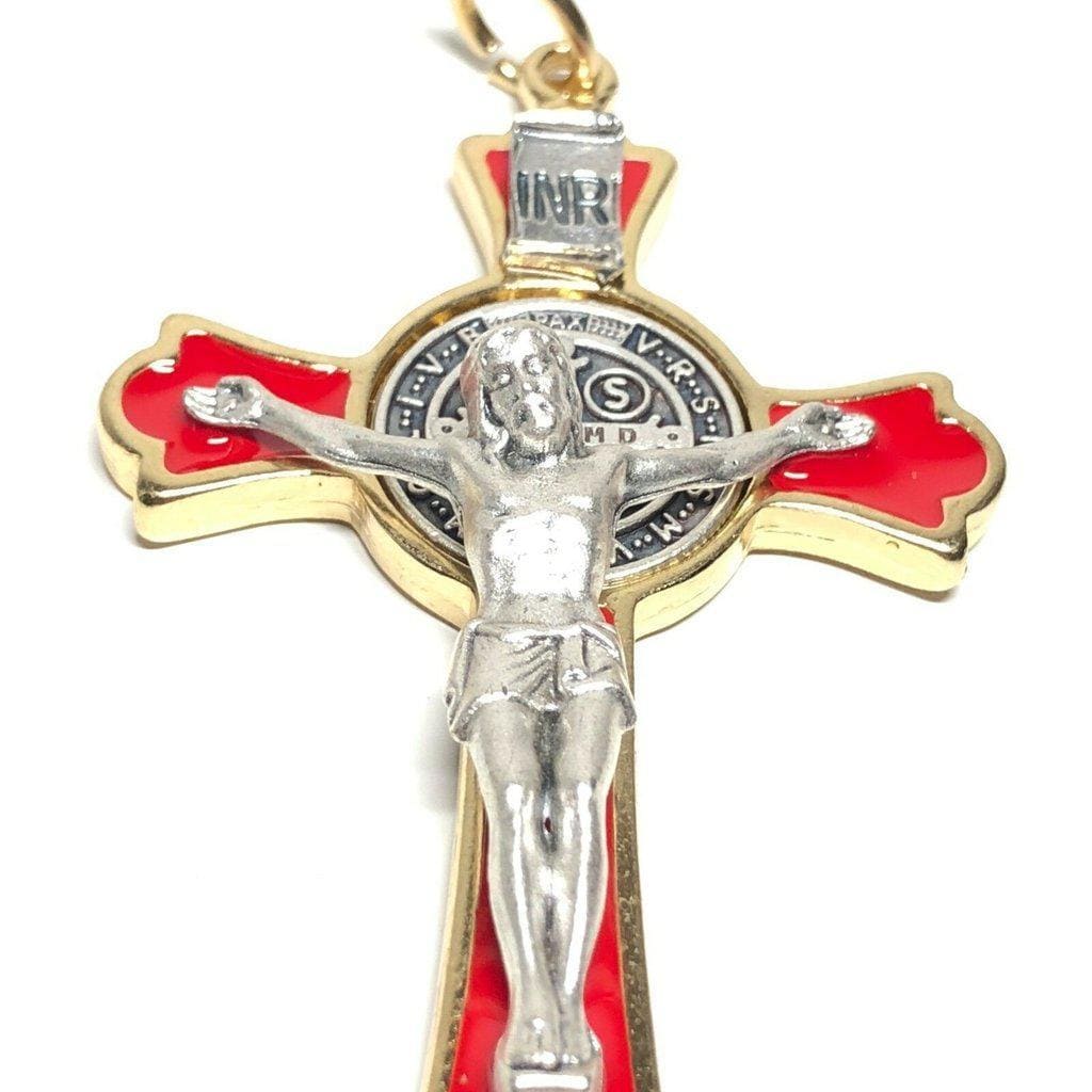 3" Saint St. Benedict Red Crucifix - Exorcism - Cross - Blessed By Pope | Catholically
