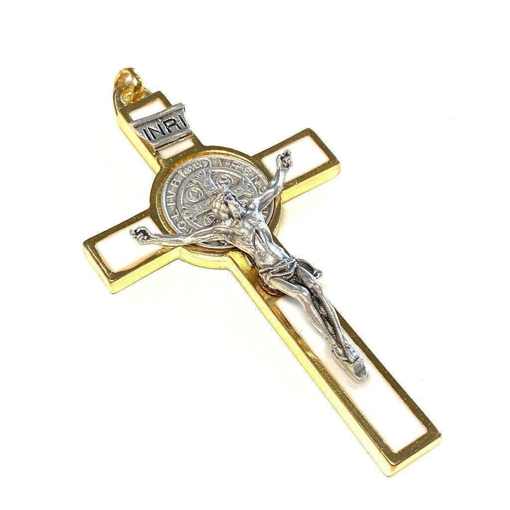 3" Saint St. Benedict White Crucifix - Exorcism - Cross - Blessed By Pope | Catholically