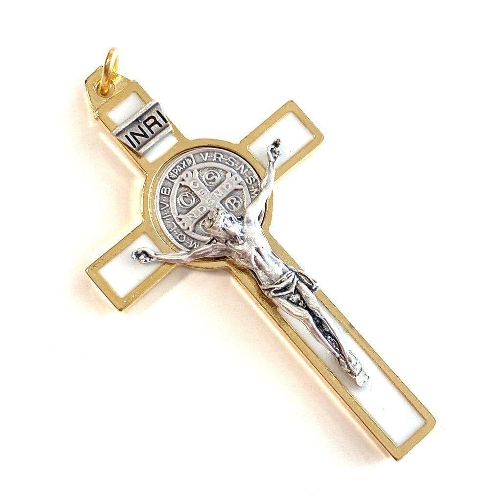 3" Saint St. Benedict White Crucifix - Exorcism - Cross - Blessed By Pope | Catholically