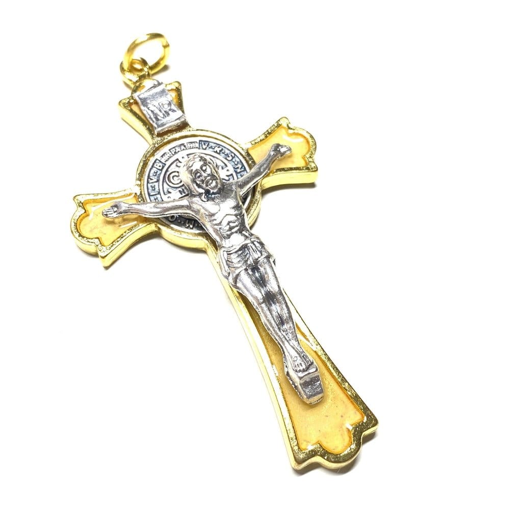 3" St. Benedict White-Golden Crucifix - Exorcism - Cross - Blessed By Pope | Catholically