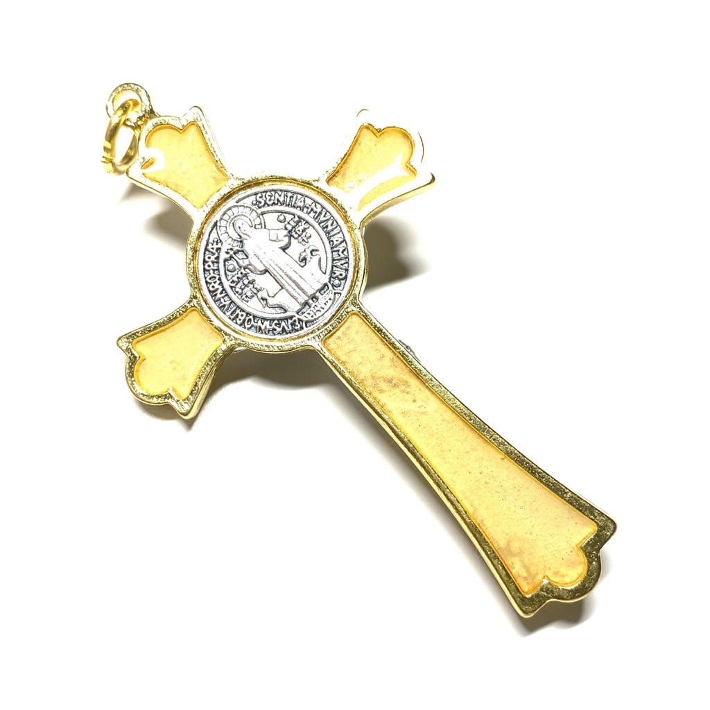 3" St. Benedict White-Golden Crucifix - Exorcism - Cross - Blessed By Pope | Catholically
