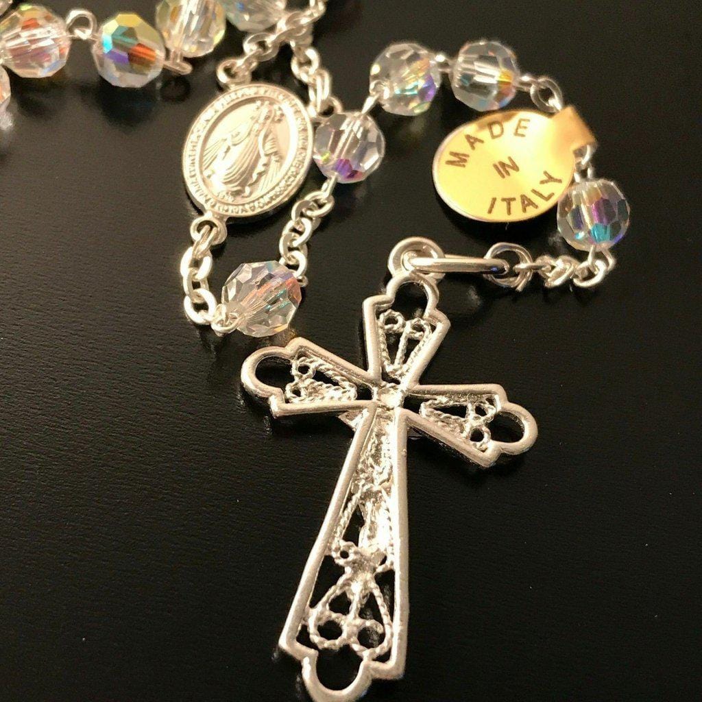 925 Silver Swarovski Crystal Ab Rosary Blessed By Pope - Blessed Virgin Mary | Catholically