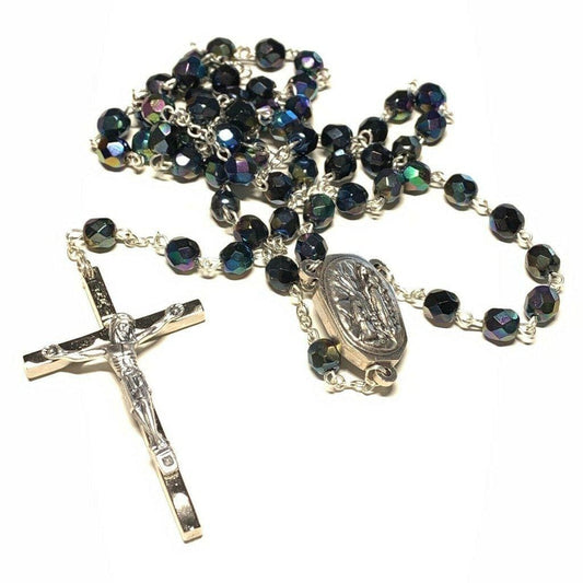 Black AB Crystal -Catholic Rosary Lourdes Water Relic -Blessed By Pope | Catholically