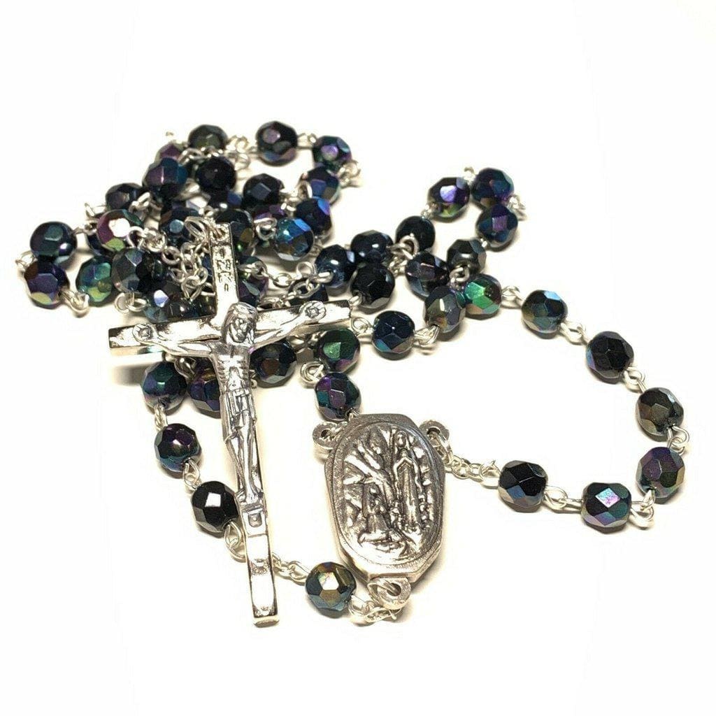 Black AB Crystal -Catholic Rosary Lourdes Water Relic -Blessed By Pope | Catholically