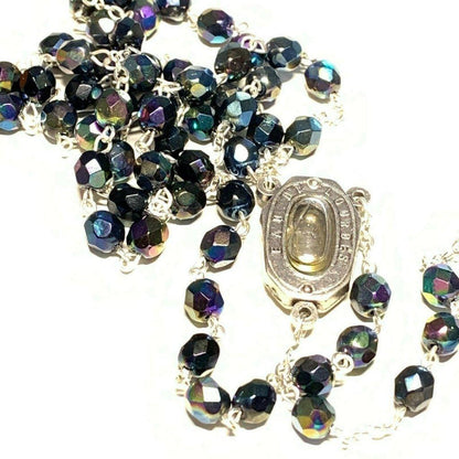 Black AB Crystal -Catholic Rosary Lourdes Water Relic -Blessed By Pope | Catholically