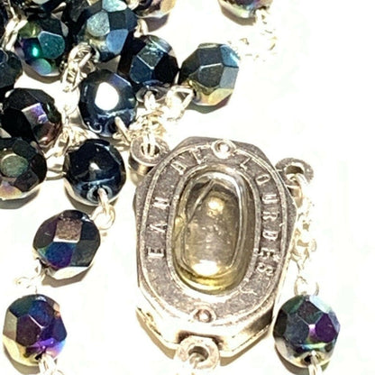 Black AB Crystal -Catholic Rosary Lourdes Water Relic -Blessed By Pope | Catholically