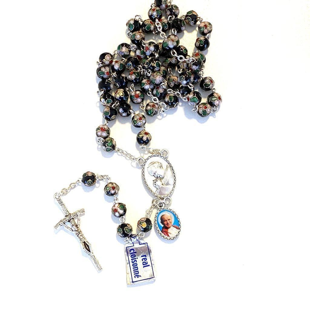 Black Cloisonne Rosary -St. John Paul II -JPII w/ Relic Medal -Blessed | Catholically