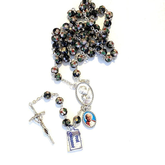 Black Cloisonne Rosary -St. John Paul II -JPII w/ Relic Medal -Blessed | Catholically