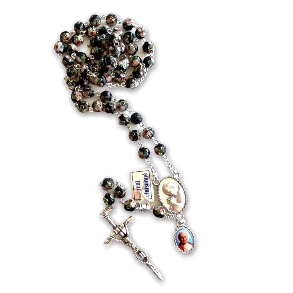 Black Cloisonne Rosary -St. John Paul II -JPII w/ Relic Medal -Blessed | Catholically