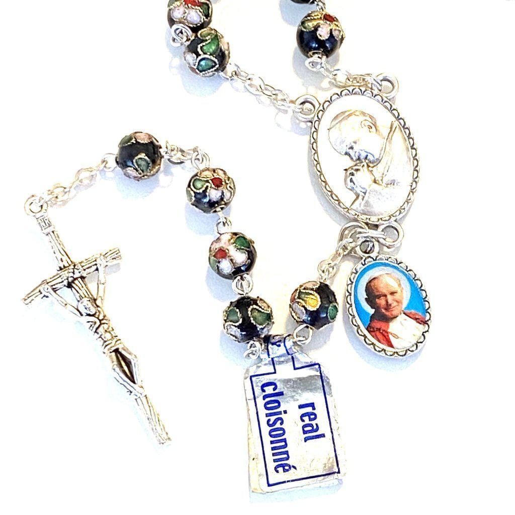 Black Cloisonne Rosary -St. John Paul II -JPII w/ Relic Medal -Blessed | Catholically
