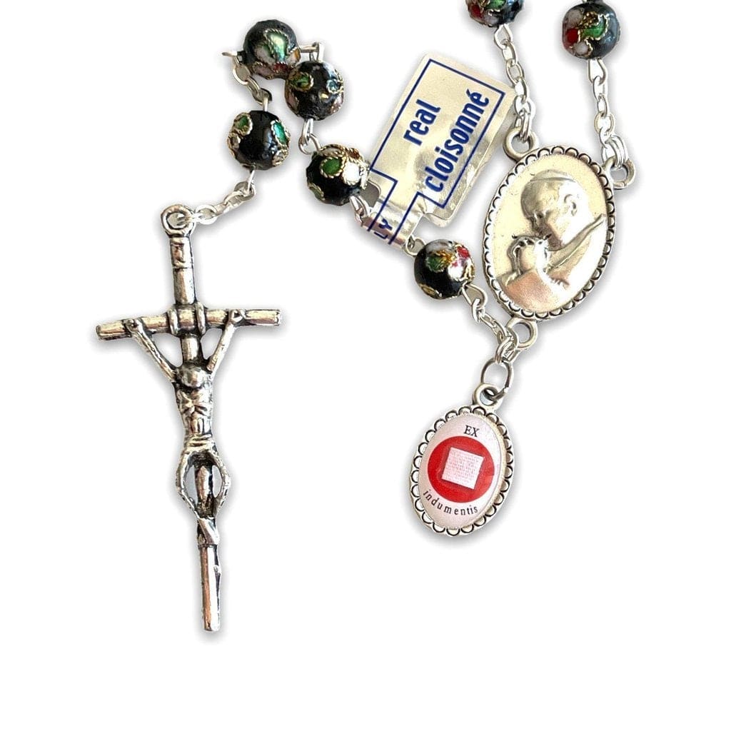 Black Cloisonne Rosary -St. John Paul II -JPII w/ Relic Medal -Blessed | Catholically