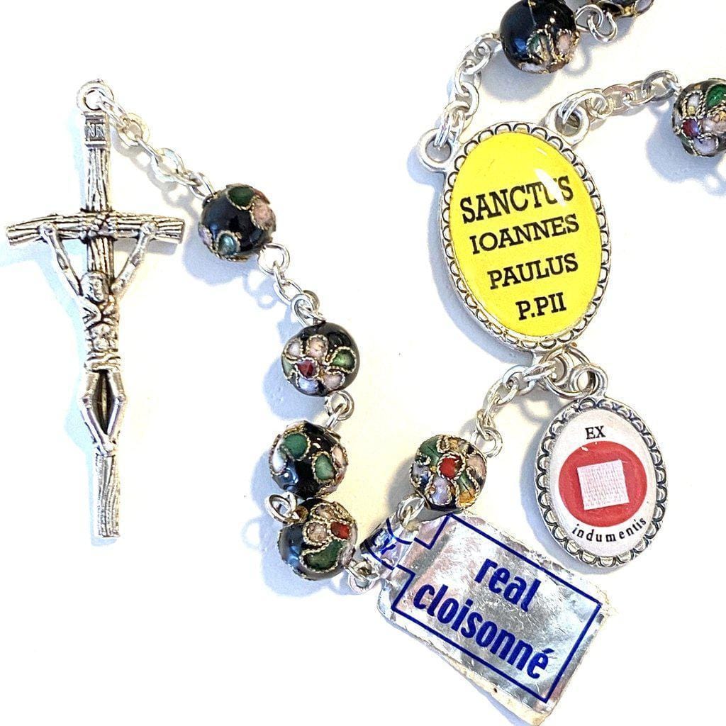 Black Cloisonne Rosary -St. John Paul II -JPII w/ Relic Medal -Blessed | Catholically