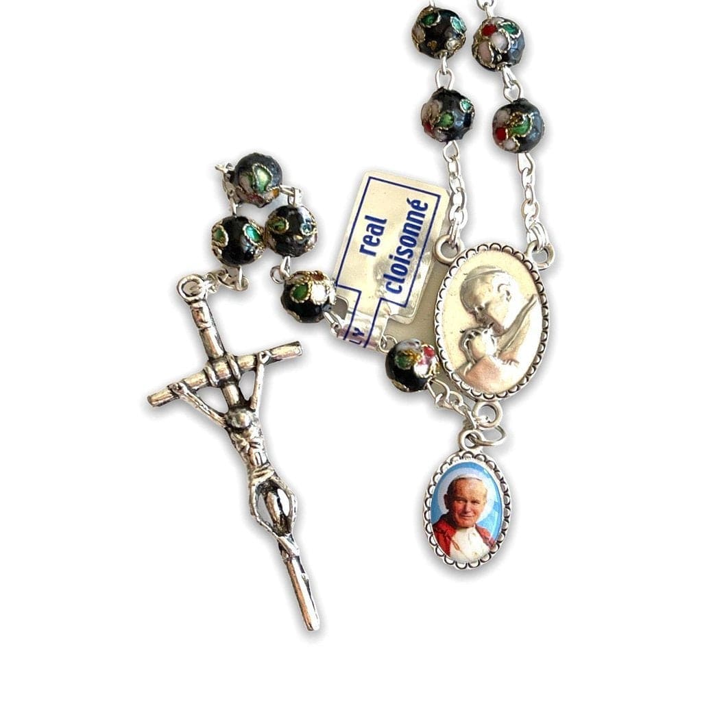 Black Cloisonne Rosary -St. John Paul II -JPII w/ Relic Medal -Blessed | Catholically