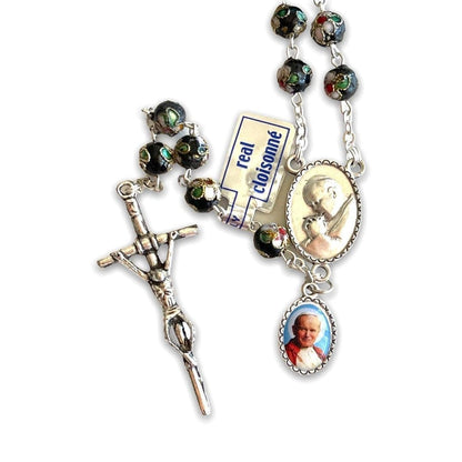 Black Cloisonne Rosary -St. John Paul II -JPII w/ Relic Medal -Blessed | Catholically