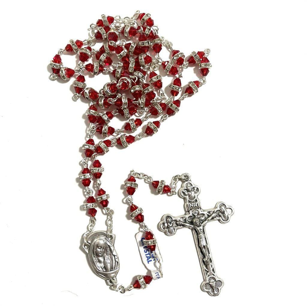 Blessed Virgin Mary - Red Shiny Crystal Rosary - Rhinestone - Blessed By Pope | Catholically