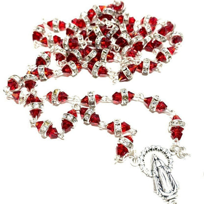 Blessed Virgin Mary - Red Shiny Crystal Rosary - Rhinestone - Blessed By Pope | Catholically