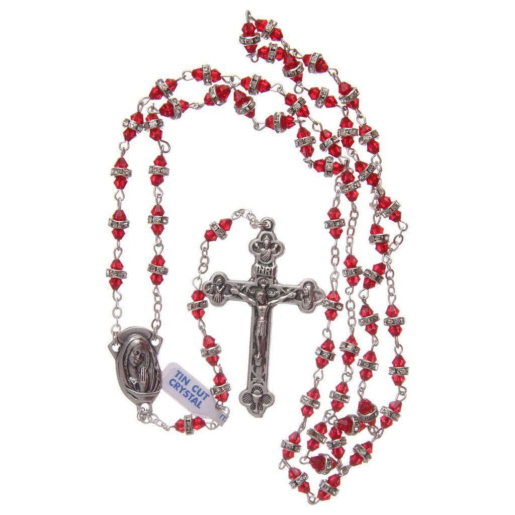 Blessed Virgin Mary - Red Shiny Crystal Rosary - Rhinestone - Blessed By Pope | Catholically
