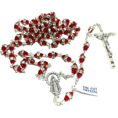 Blessed Virgin Mary - Red Shiny Crystal Rosary - Rhinestone - Blessed By Pope | Catholically