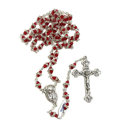 Blessed Virgin Mary - Red Shiny Crystal Rosary - Rhinestone - Blessed By Pope | Catholically