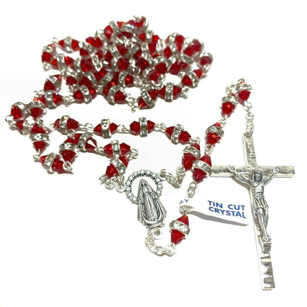 Blessed Virgin Mary - Red Shiny Crystal Rosary - Rhinestone - Blessed By Pope | Catholically