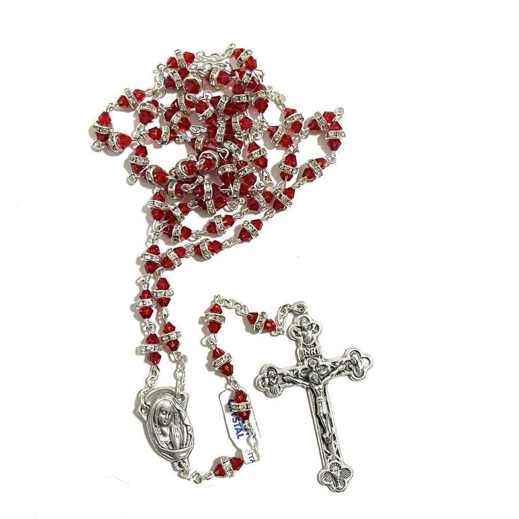 Blessed Virgin Mary - Red Shiny Crystal Rosary - Rhinestone - Blessed By Pope | Catholically