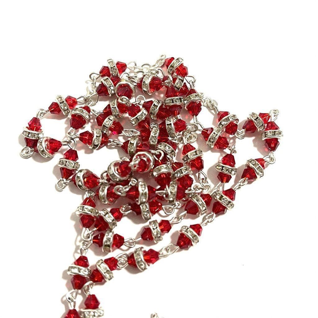 Blessed Virgin Mary - Red Shiny Crystal Rosary - Rhinestone - Blessed By Pope | Catholically