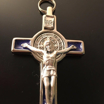 Blue 3" Saint St. Benedict Crucifix - Exorcism- Cross - Blessed - San Benito | Catholically